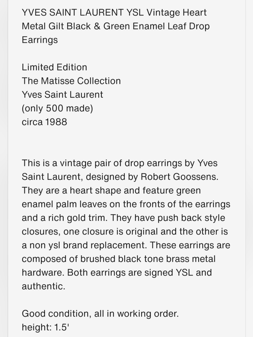 YVES SAINT LAURENT YSL 1988 Heart Gilt Black Green Enamel Leaf Drop Earrings LE - Picture 2 of 9